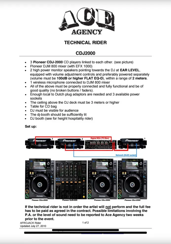 Part of the Afrojack technical rider (This one has only the part with the requested equipment).