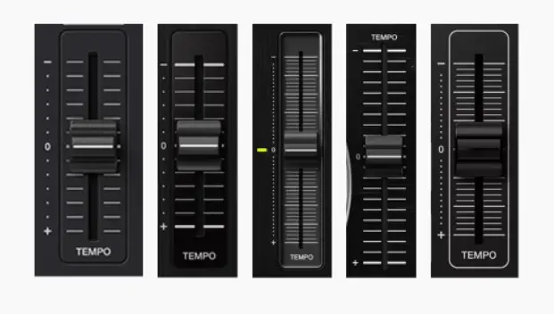 Example tempo faders from various Pioneer DJ controllers.