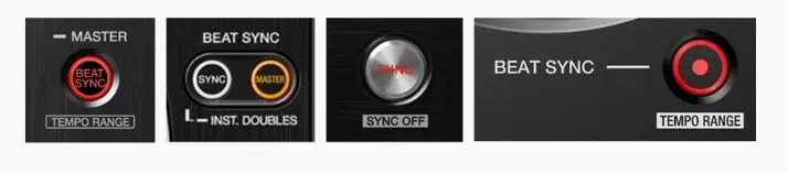 Sync buttons on various Pioneer DJ controllers.