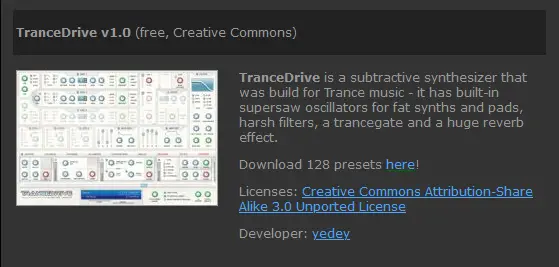A snippet from vstplanet.com featuring a description, license info and a direct download link to the TranceDrive VST plugin.