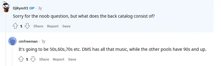 An inquiry about the Direct Music Service back catalog contents. | Source: reddit.com 