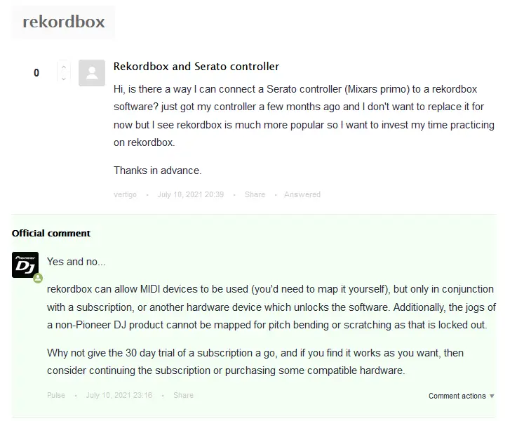 Example of limitations when using a controller not designed for the specific DJ software. (Pioneer DJ community forum).