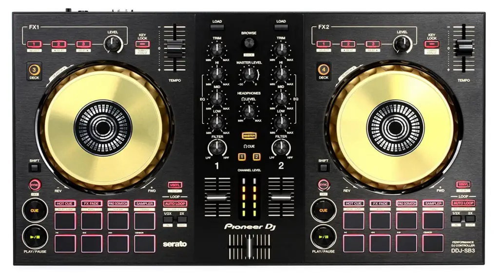 Top view of the Pioneer DDJ-SB3 DJ controller (gold version).