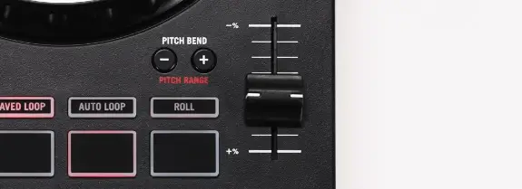 Small pitch fader and the pitch range buttons located next to it. | Source: Feature Overview | Numark Mixstream Pro Standalone DJ Controller  
