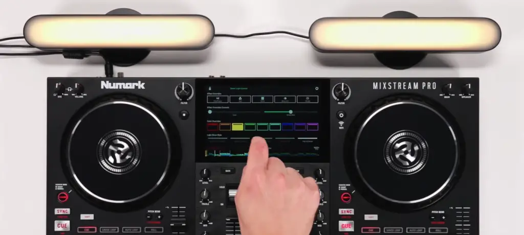 The Philips Hue and DMX controls in both modes are easily accessible from the touchscreen. | Source: Feature Overview | Numark Mixstream Pro Standalone DJ Controller  
