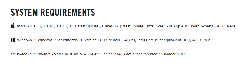 Native Instruments Traktor PRO 3 system requirements (snippet from native-instruments.com).