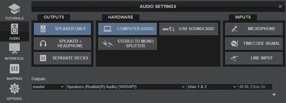 "Stereo to mono splitter" accessible from the Virtual DJ audio settings screen.