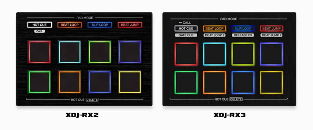 8 performance pads on both devices - 4 additional pad modes are present on the XDJ-RX3.