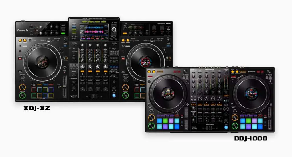 Pioneer XDJ-XZ and the Pioneer DDJ-1000 (accurate sizes).