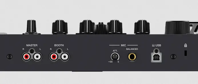 Pioneer DDJ-FLX6 master and booth outputs and the microphone input (back of the device).