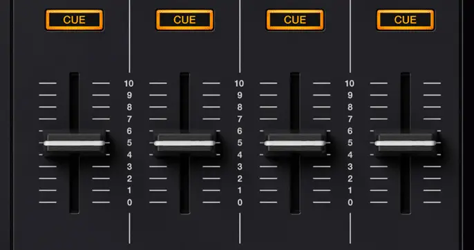 Pioneer DDJ-FLX6 channel volume faders.