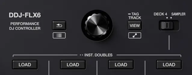 DDJ-FLX6 library controls section + Deck 4 / Sampler source switch for channel 4.