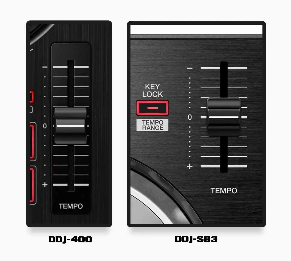 Both the location and size of the pitch faders are different between the DDJ-400 and the DDJ-SB3.