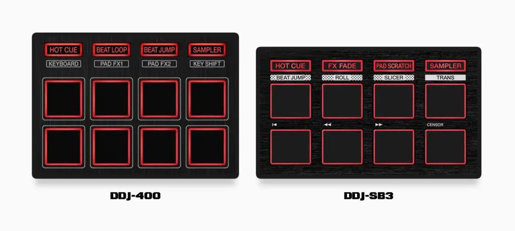 Performance pads on both of the devices (pad mode names with dotted backgrounds on the DDJ-SB3 represent the modes that can be used only after the Serato DJ Pro upgrade).