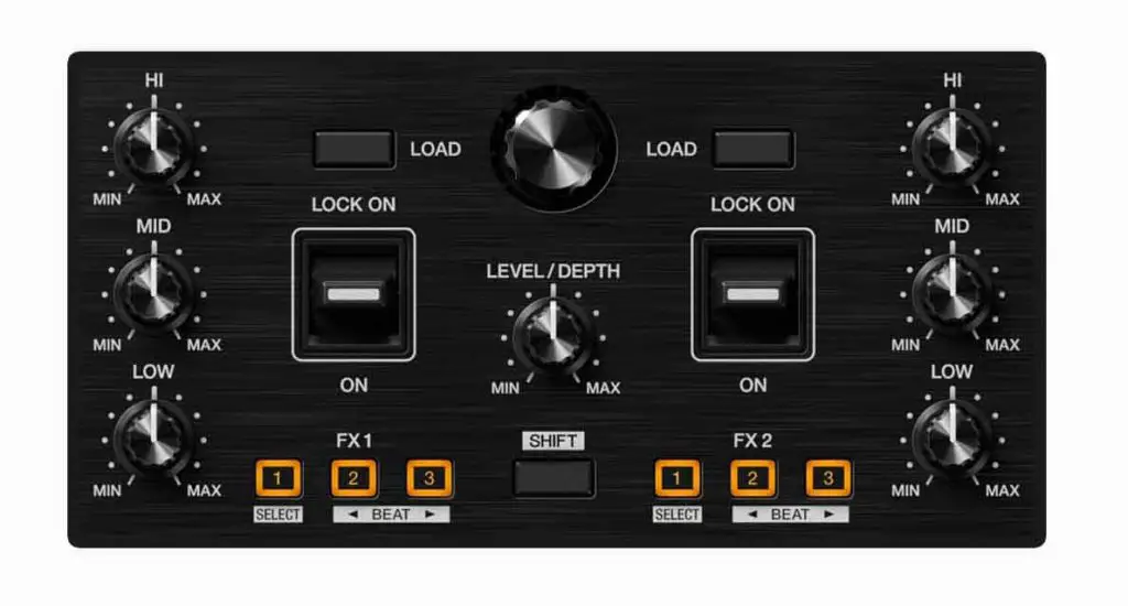 Audio FX section on the Pioneer DDJ-Rev1 is located in between the 3-band equalizer knobs.