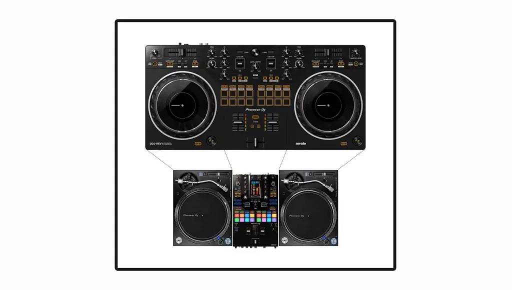 The DDJ-Rev1 controller layout closely resembles a battle style turntable setup.