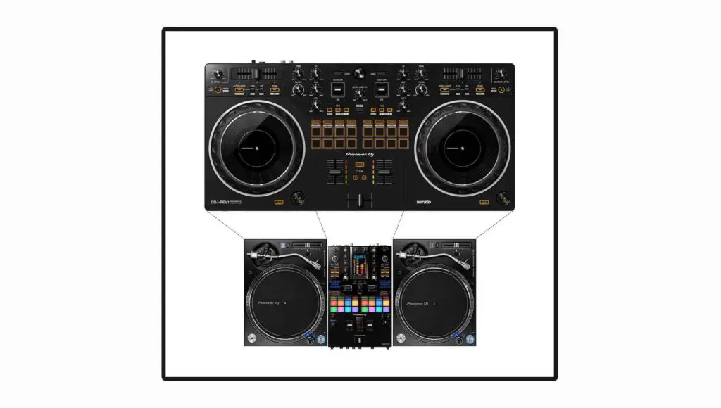 The DDJ-Rev1 control scheme resembles a battle style turntable setup.