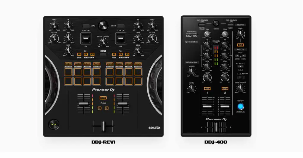 The mixer section on the Pioneer DDJ-Rev1 is modeled after the DJM-S line of mixers, while on the DDJ-400, mixer control layout closely resembles the classic DJM mixer series control scheme.