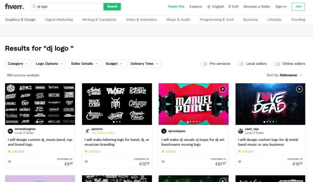 A simple "DJ logo" query example - over 889 affordable designer offers starting from as low as $10!