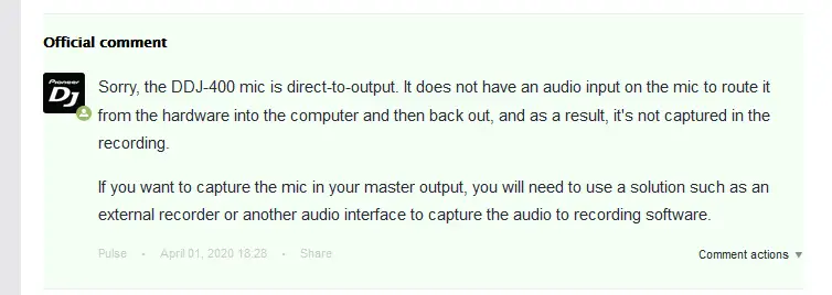 Official Pioneer DJ representative comment on the microphone input routing of the Pioneer DDJ-400. | Source: Pioneer DJ forums.