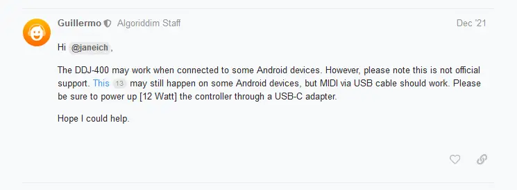 Official stance of the Algoriddim DJay staff member regarding Android devices support for Pioneer DDJ-400. | Source: Algoriddim DJay community.