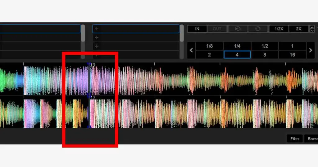Start mixing your tracks from entry points set in equal distances before each track's drop (ex. entry points marked with hot cues in both of our tracks are set 32 bars before each track's drop). 