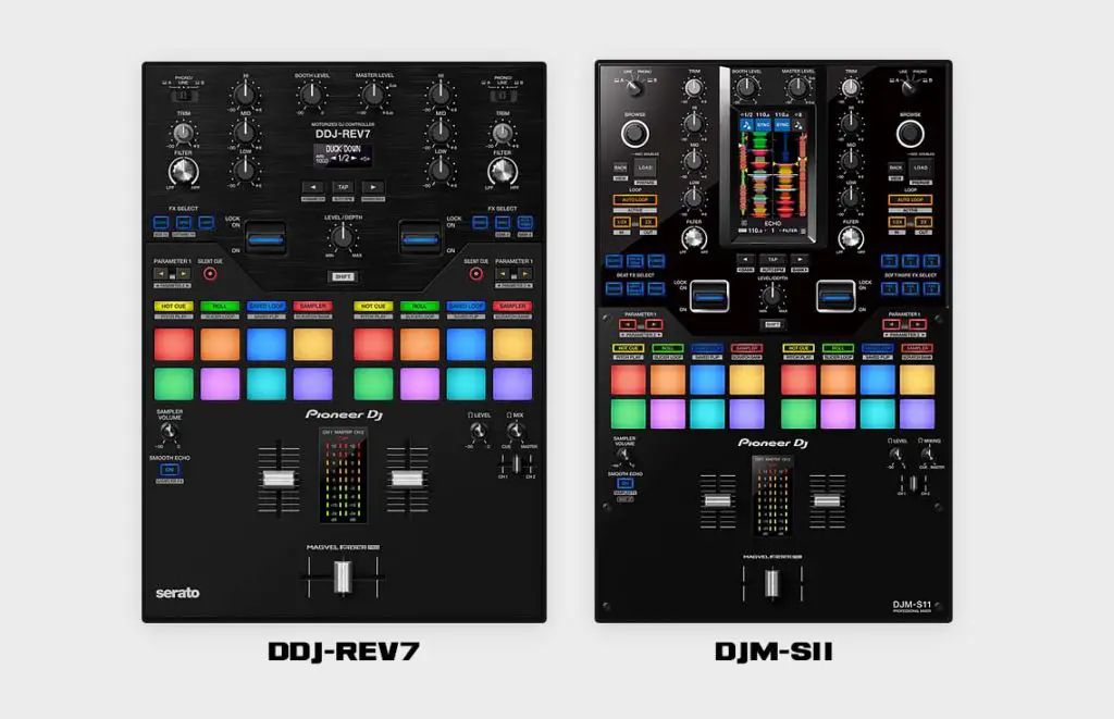 The mixer section of the Pioneer DDJ-Rev7 is designed after the popular Pioneer DJM-S11 mixer commonly used by scratch DJs.