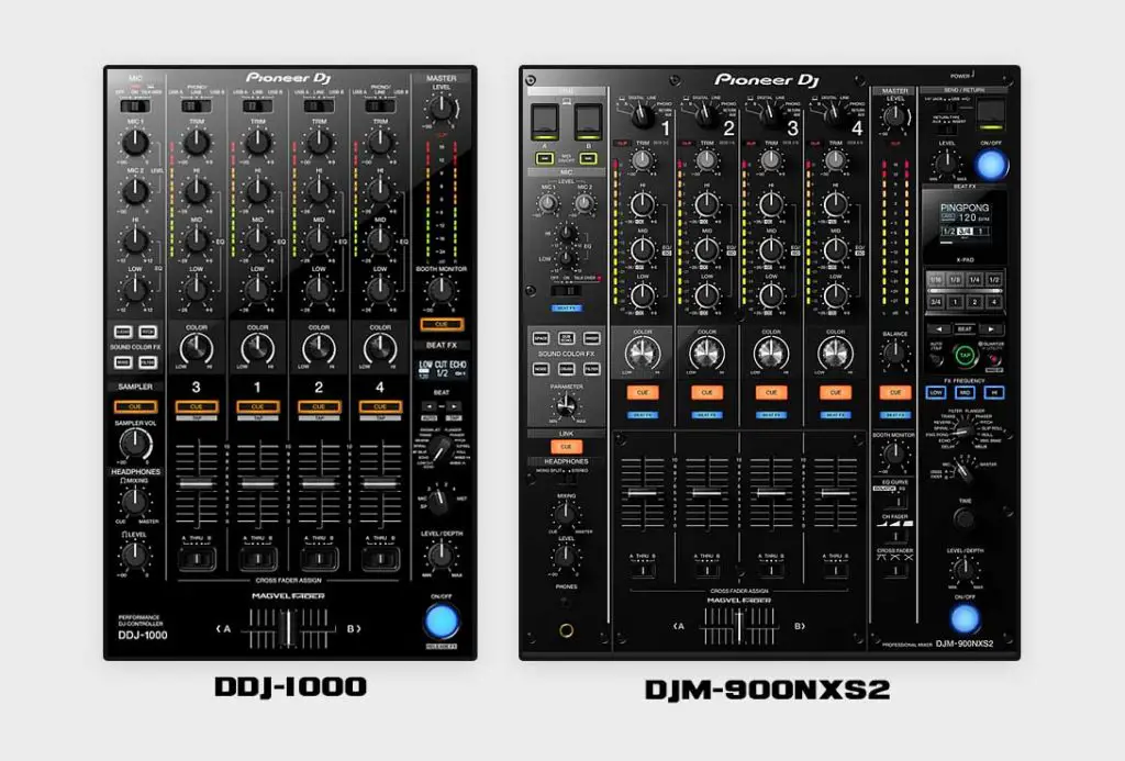 Both the decks and mixer section of the Pioneer DDJ-1000 resemble the CDJ/DJM combo setup control layout.