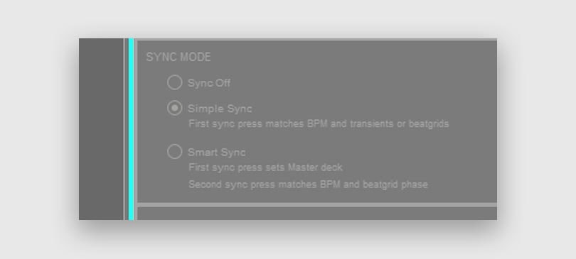 The only sync mode available in Serato DJ Pro is the Simple Sync mode which is enabled by default.