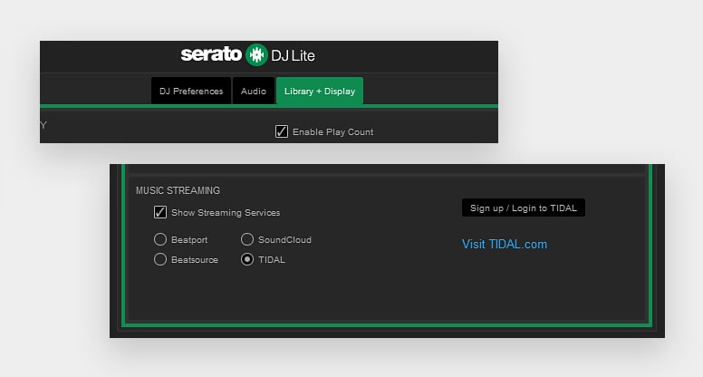 Library + Display menu and the Music Streaming segment - here you can connect Serato DJ Lite to the music streaming service of your choice.