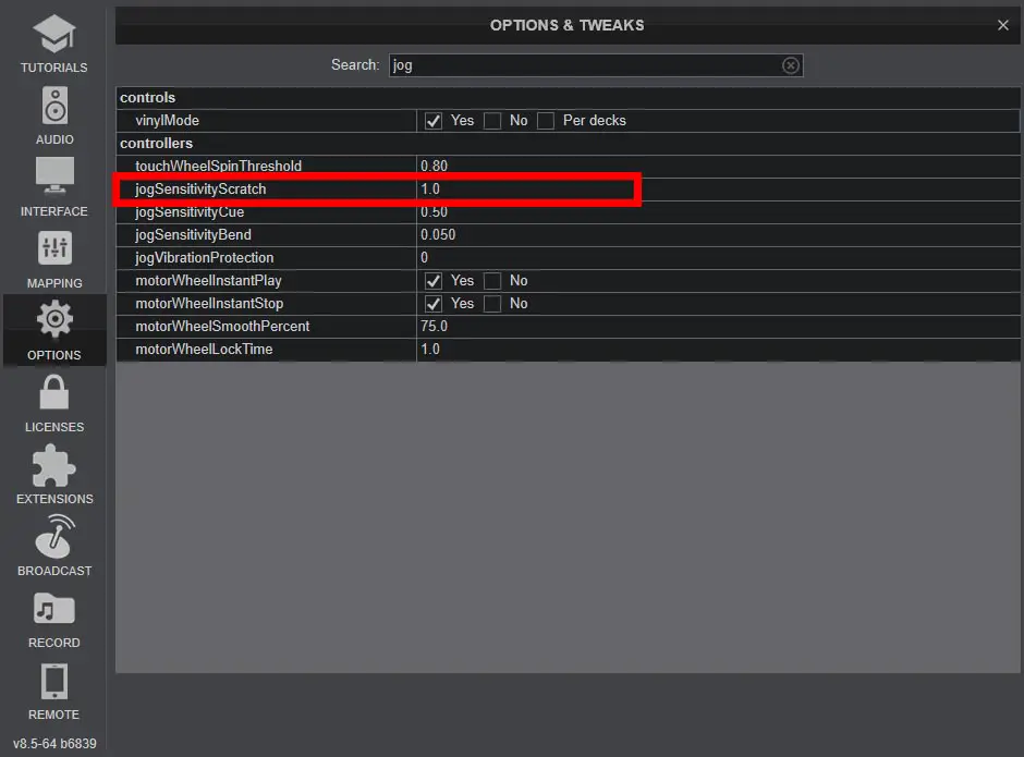 And here is the setting of our interest - "jogSensitivityScratch" parameter that can be freely modified.