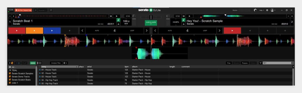 Serato DJ Lite software user interface.