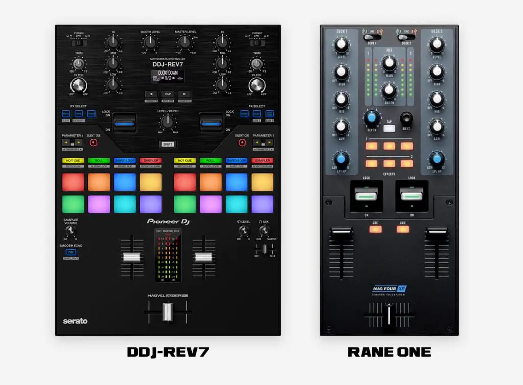 Mixer sections on both the Pioneer DDJ-Rev7 and the Rane One DJ controllers.