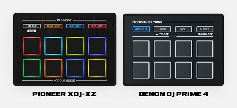 Performance pads on the Pioneer XDJ-XZ and the Denon DJ Prime 4.