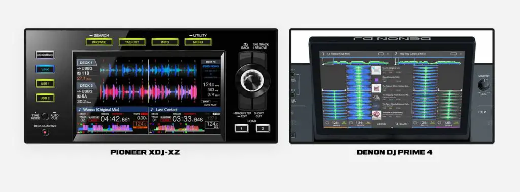 Pioneer XDJ-XZ vs. Denon DJ Prime 4 touch display comparison.