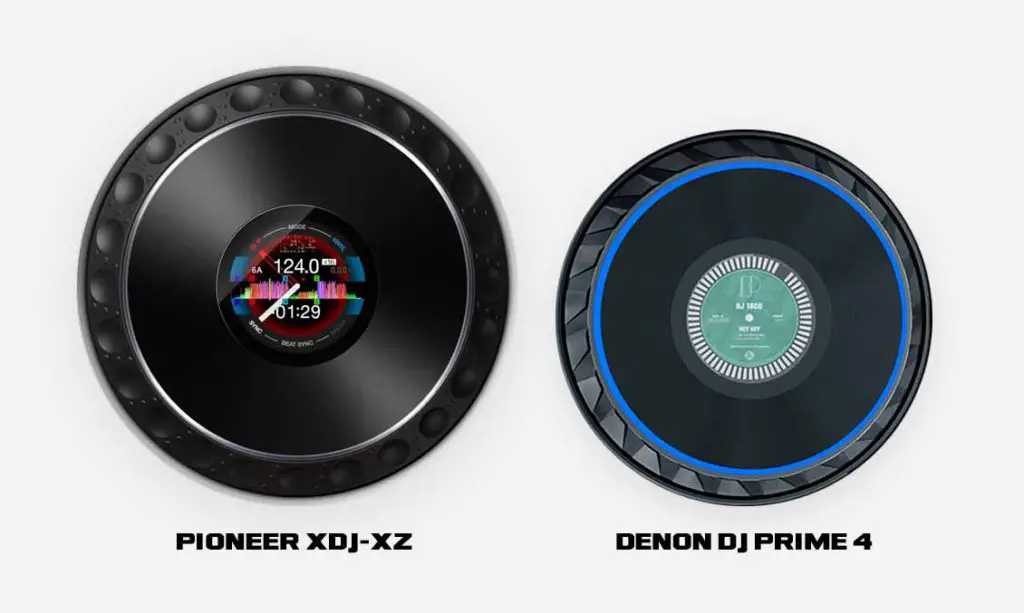 Pioneer XDJ-XZ and Denon DJ Prime 4 jog wheels featuring in-built color displays.