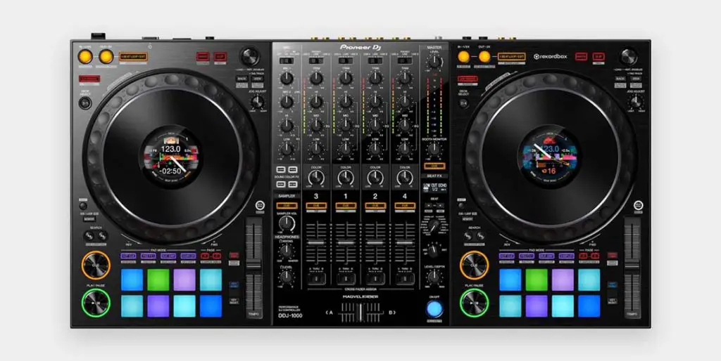 The Pioneer DDJ-1000 features mechanical jog wheels with touch pressure sensors.