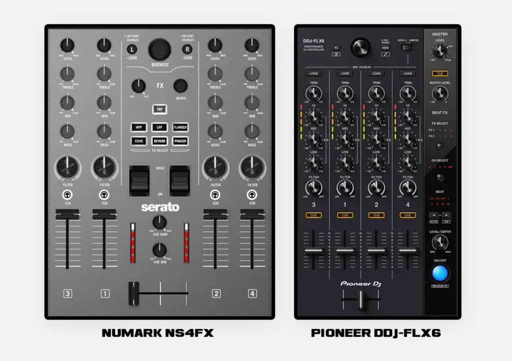 Mixer sections on the Numark NS4FX and the Pioneer DDJ-FLX6.