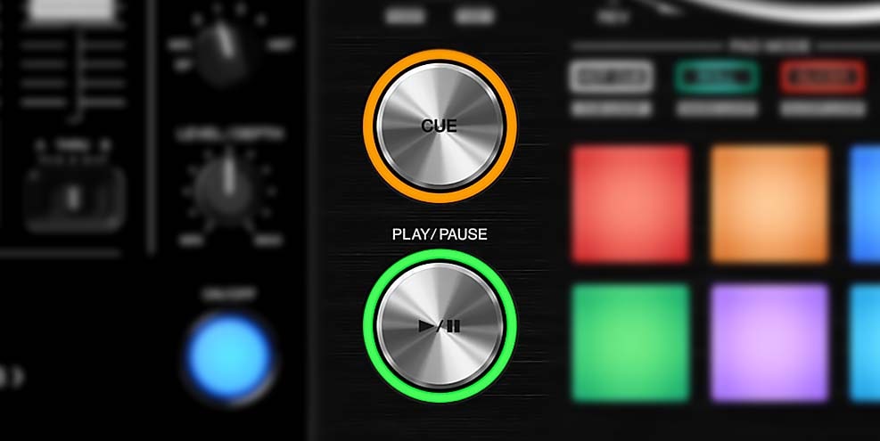 On DJ controllers the cue button is almost always placed above the play/pause button.