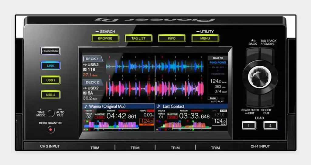 Resistive touch screen of the Pioneer XDJ-XZ displaying deck 1&2 track waveforms.