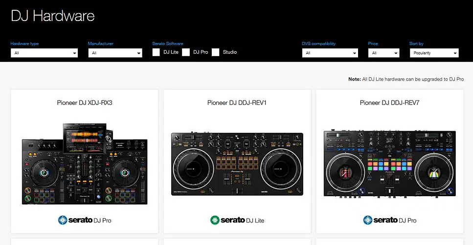 A snippet from the official Serato DJ supported hardware list.