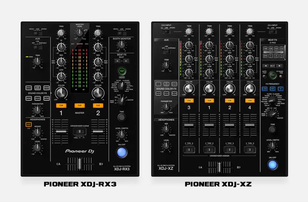 Pioneer XDJ-RX3 and XDJ-XZ mixer sections comparison.
