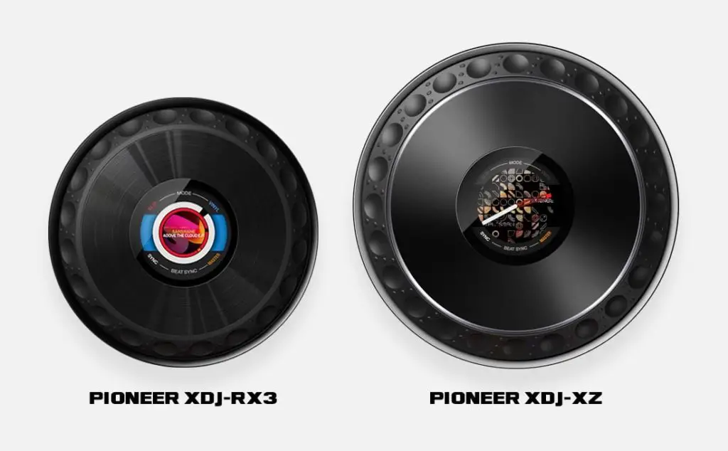 Pioneer XDJ-RX3 and XDJ-XZ jog wheels.