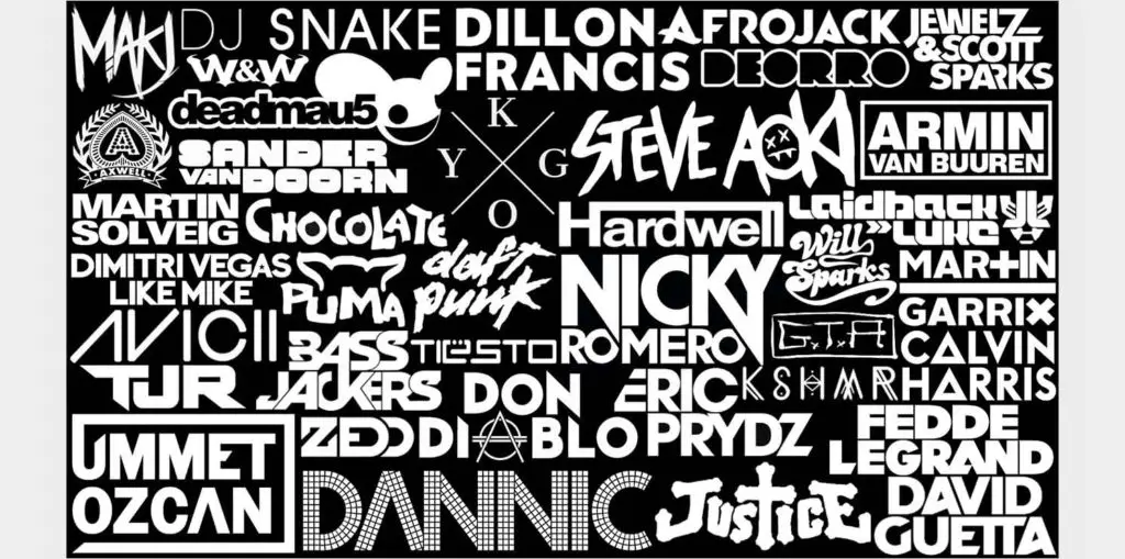 Compilation of logos of many popular DJs and music producers.