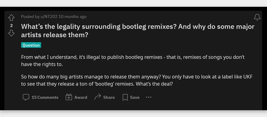 Just as with bootleg remixes, the legality of bootleg recordings is a popular topic online.