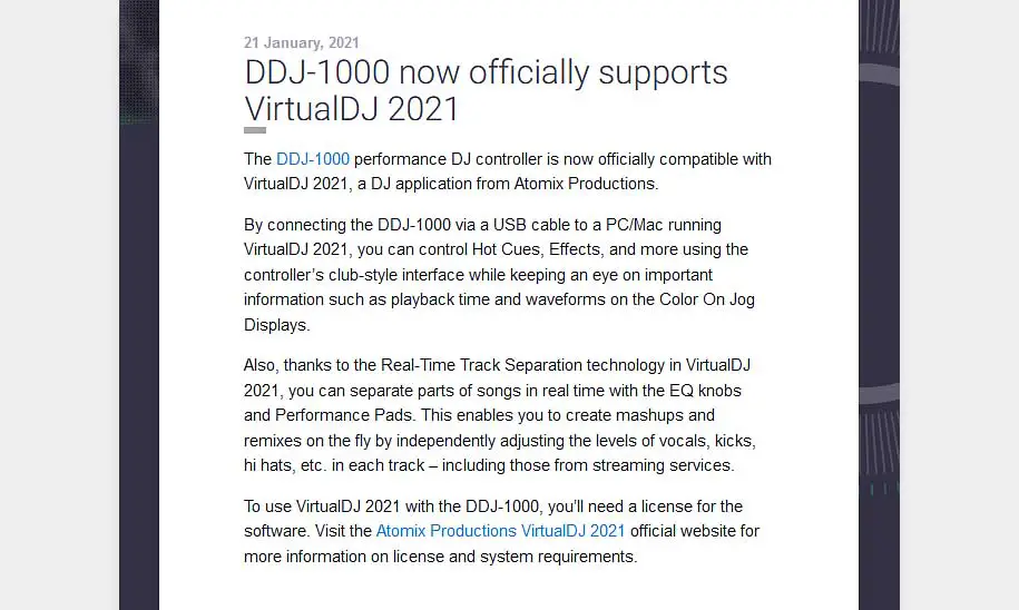 The official Pioneer DJ statement regarding the Pioneer DDJ-1000 Virtual DJ software support.
