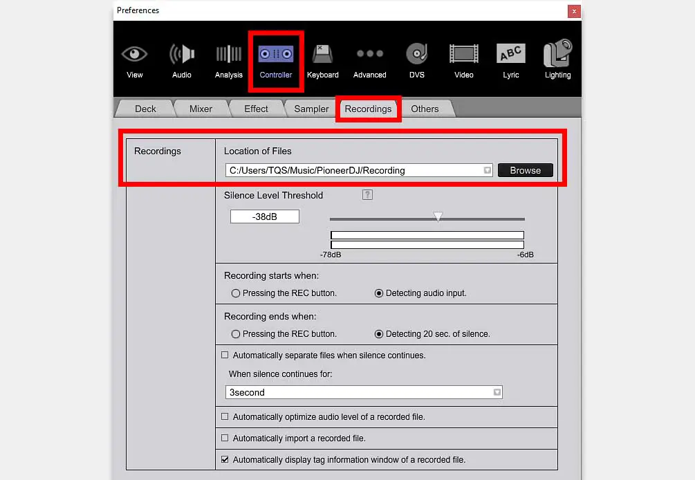 In PERFORMANCE mode, your recording location path select option will be right in the Controller -> Recordings tab.