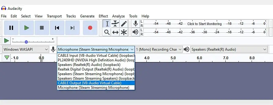 In your audio recording software, you have to set an appropriate audio inputs device (in this case it's our virtual audio cable connected on the other end to the Rekordbox software).