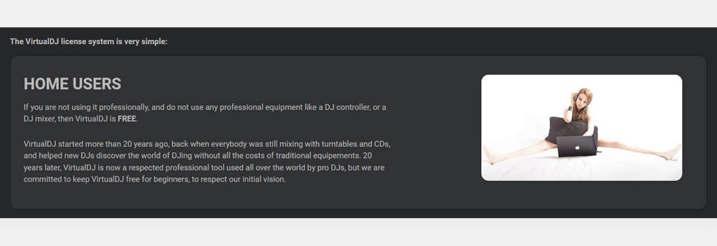 A snippet from the official Virtual DJ website regarding the free usage of VDJ software (07.09.22).
