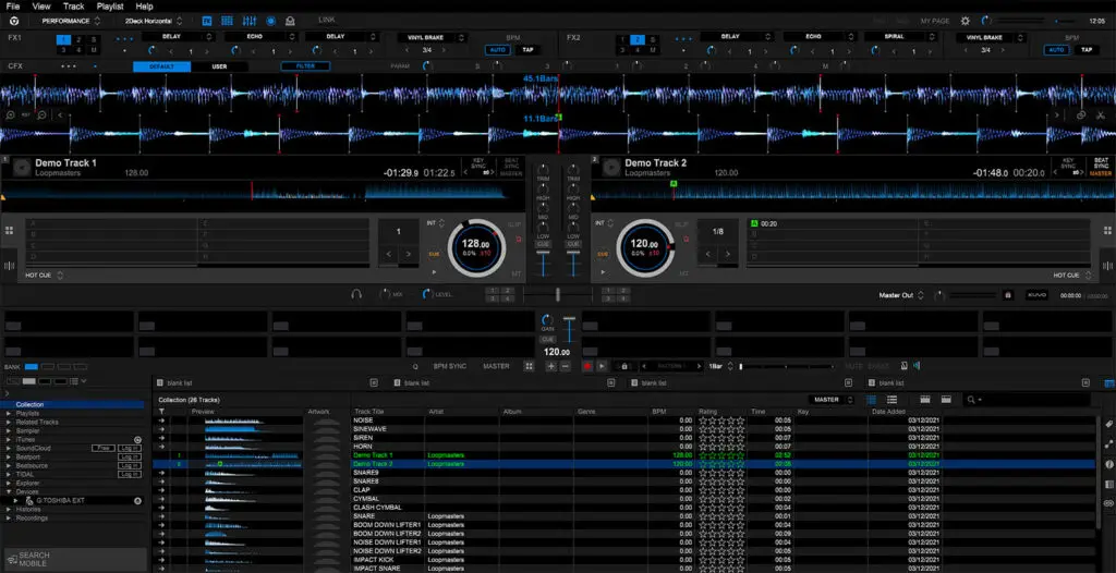 Rekordbox DJ software interface (with no DJ controller connected).